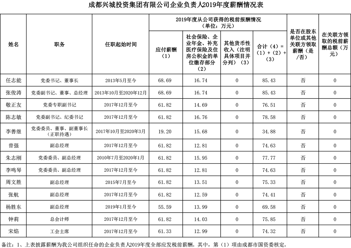兴城--2019年度薪酬情况披露表