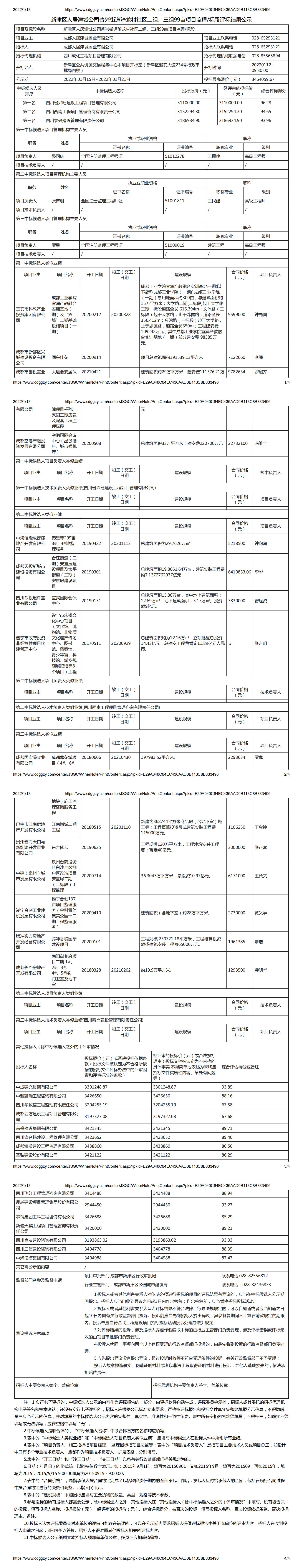 新津区人居津城公司普兴街道骑龙村社区二组、三组99亩项目监理标段评标结果公示